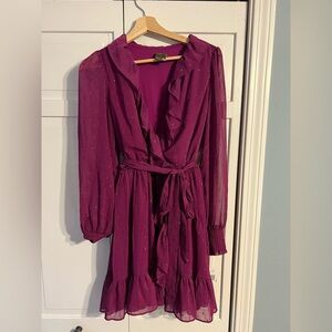 NWT Taylor Purple Plum Metallic Mini Dress 6 Ruffles Sheer Sleeves
